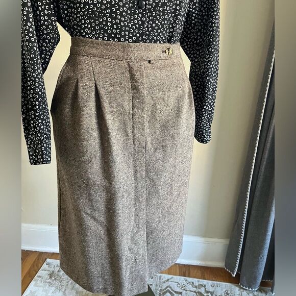 Vintage 70s Wool Tweed Skirt Brown Size M High Waist Midi Fall Academia - Picture 10 of 11